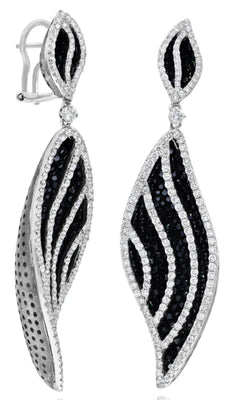 LARGE 11.54CT WHITE & BLACK DIAMOND 18K WHITE GOLD 3D MULTI ROW HANGING EARRINGS