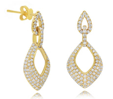 1.02CT DIAMOND 14KT YELLOW GOLD ROUND DOUBLE OPEN TEAR DROP FUN HANGING EARRINGS