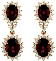 6.5CT DIAMOND & AAA RHODOLITE 14K ROSE GOLD OVAL & ROUND FLOWER HANGING EARRINGS