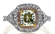 2.63CT WHITE PINK & GREEN DIAMOND 18KT TRI COLOR GOLD 3D SQUARE ENGAGEMENT RING