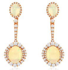 8.15CT DIAMOND & AAA OPAL 14K ROSE GOLD OVAL & ROUND FLOWER FUN HANGING EARRINGS