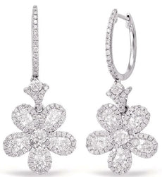 ESTATE LARGE 1.97CT DIAMOND 14KT WHITE GOLD 3D FLOWER HUGGIE HANGING EARRINGS