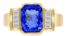LARGE 3.28CT DIAMOND & AAA TANZANITE 18KT YELLOW GOLD 3D CUSHION & BAGUETTE RING
