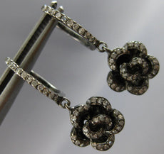 ESTATE .50CT DIAMOND 14KT BLACK GOLD 3D CLASSIC FLOWER ROSE FUN HANGING EARRINGS
