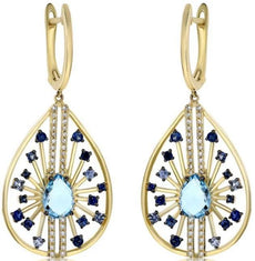 2.82CT DIAMOND & AAA BLUE TOPAZ & SAPPHIRE 14KT YELLOW GOLD 3D HANGING EARRINGS