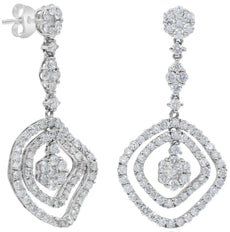 LARGE 3.20CT DIAMOND 18KT WHITE GOLD 3D MULTI FLOWER SQUARE FUN HANGING EARRINGS