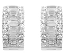 WIDE 4.0CT DIAMOND 18K WHITE GOLD 3D ROUND & BAGUETTE 3 ROW HUGGIE HOOP EARRINGS