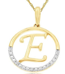.02CT DIAMOND 14KT 2 TONE GOLD CLASSIC E INITIAL CIRCULAR FUN FLOATING PENDANT