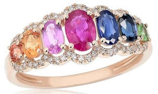 1.90CT DIAMOND & AAA MULTI COLOR SAPPHIRE 14KT ROSE GOLD OVAL & ROUND HALO RING