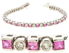5.65CT DIAMOND & AAA PINK SAPPHIRE 14KT WHITE GOLD 3D ROUND & PRINCESS BRACELET