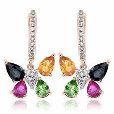 1.99CT DIAMOND & MULTI GEM 14KT ROSE GOLD BUTTERFLY LEVERBACK HANGING EARRINGS
