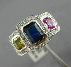 ESTATE WIDE 2.57CT DIAMOND & MULTI COLOR SAPPHIRE 18K WHITE GOLD ENGAGEMENT RING