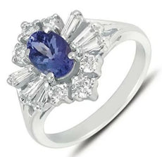 1.55CT DIAMOND & AAA TANZANITE 14KT WHITE GOLD OVAL ROUND & BAGUETTE LOVE RING