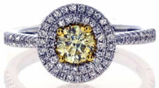 .80CT WHITE & FANCY YELLOW DIAMOND 18K 2 TONE GOLD 3D SOLIATIRE DOUBLE HALO RING