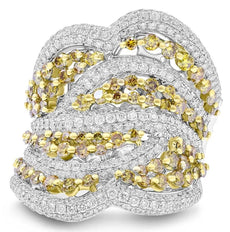 LARGE 3.75CT WHITE & FANCY YELLOW DIAMOND 18K 2 TONE GOLD 3D MULTI ROW LOVE RING