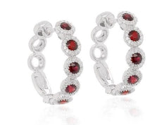 ESTATE 1.30CT DIAMOND & AAA RUBY 14KT WHITE GOLD 3D HUGGIE HOOP HANGING EARRINGS
