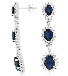 8.65CT DIAMOND & AAA SAPPHIRE 14KT WHITE GOLD MULTI FLOWER OVAL HANGING EARRINGS