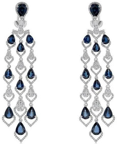 LARGE 13.52CT DIAMOND & AAA SAPPHIRE 18KT WHITE GOLD PEAR SHAPE HANGING EARRINGS