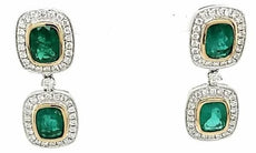 LARGE 6.41CT DIAMOND & AAA EMERALD 18KT 2 TONE GOLD 3D CUSHION & ROUND EARRINGS