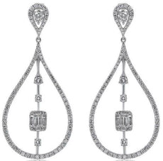 1.36CT DIAMOND 14KT WHITE GOLD 3D BAGUETTE CLUSTER TEAR DROP HANGING EARRINGS