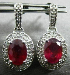 ESTATE 2.15CT DIAMOND & RUBY 14KT WHITE GOLD OVAL HALO MILGRAIN HANGING EARRINGS