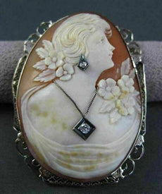 ANTIQUE LARGE OLD MINE DIAMOND 14KT 2TONE GOLD FILIGREE CAMEO BROOCH PIN #23066