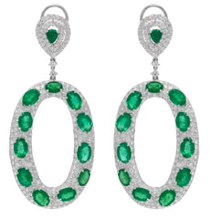 LARGE 22.77CT DIAMOND & AAA EMERALD 18K WHITE GOLD OVAL & ROUND HANGING EARRINGS