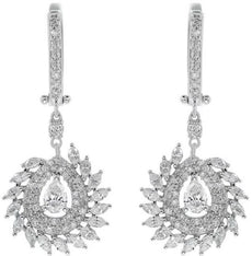 LARGE 1.80CT DIAMOND 18KT WHITE GOLD ROUND & PEAR SHAPE FLOWER HANGING EARRINGS