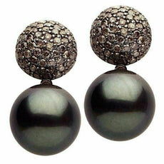 ESTATE LARGE 1.95CT MOCHA DIAMOND & AAA TAHITIAN PEARL 18KT BLACK GOLD EARRINGS