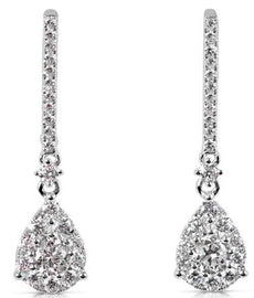 1.15CT DIAMOND 14K WHITE GOLD ROUND INVISIBLE TEAR DROP CLASSIC HANGING EARRINGS
