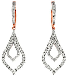 ESTATE .75CT DIAMOND 14KT WHITE & ROSE GOLD 3D DOUBLE TEAR DROP HANGING EARRINGS