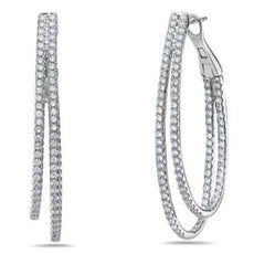 LARGE 2.19CT DIAMOND 18KT WHITE GOLD 2 ROW INSIDE OUT OVAL HOOP HANGING EARRINGS