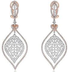 LARGE 6.40CT DIAMOND 18K WHITE & ROSE GOLD DOUBLE HEART CLIP ON HANGING EARRINGS
