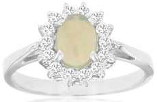 0.80CT DIAMOND & AAA OPAL 14K WHITE GOLD 3D OVAL & ROUND CLASSIC FLOWER LOVE RING