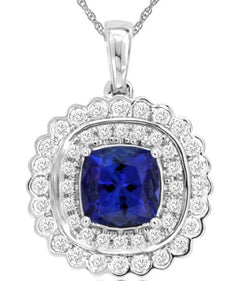2.19CT DIAMOND & AAA TANZANITE 14KT WHITE GOLD CUSHION FLOWERE FLOATING PENDANT