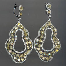 EXTRA LARGE 12.22CT WHITE & FANCY YELLOW DIAMOND 18K 2 TONE GOLD FLORAL EARRINGS