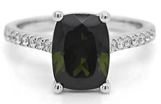 LARGE 2.48CT DIAMOND & AAA GREEN TOURMALINE 18KT WHITE GOLD CUSHION & ROUND RING