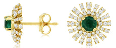 1.01CT DIAMOND & AAA EMERALD 14KT YELLOW GOLD 3D ROUND FLOWER STARBURST EARRINGS