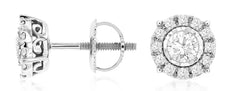 .50CT DIAMOND 14KT WHITE GOLD SOLITAIRE HALO FILIGREE FLOWER SCREWBACK EARRINGS