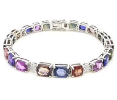 26.02CT DIAMOND & AAA MULTI COLOR SAPPHIRE 18K WHITE GOLD ETERNITY CUFF BRACELET