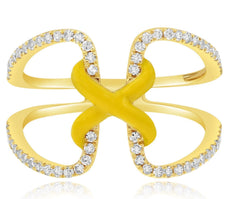 .35CT DIAMOND & YELLOW ENAMEL 14K YELLOW GOLD 3D CRISS CROSS DOUBLE HEART X RING