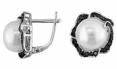 .72CT BLACK DIAMOND & AAA SOUTH SEA PEARL 14KT WHITE GOLD 3D FLOWER EARRINGS