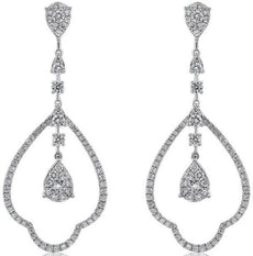 LARGE 1.49CT DIAMOND 14KT WHITE GOLD ROUND TEAR DROP CHANDELIER HANGING EARRINGS
