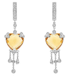 LARGE 12.05CT DIAMOND & AAA CITRINE 14KT WHITE GOLD HEART SHAPE HANGING EARRINGS