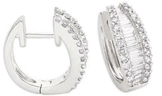 .96CT DIAMOND 14K WHITE GOLD ROUND & BAGUETTE CLASSIC GRADUATING HUGGIE EARRINGS