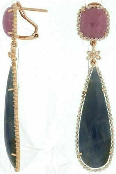 ESTATE LARGE 42.0CT DIAMOND & AAA PINK & BLUE SAPPHIRE 14K ROSE GOLD 3D EARRINGS