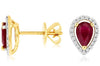 1.02CT DIAMOND & AAA RUBY 14KT 2 TONE GOLD PEAR SHAPE & ROUND HALO STUD EARRINGS