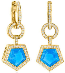 4.91CT DIAMOND & AAA BLUE TOPAZ 14KT YELLOW GOLD PENTAGON HALO CIRCULAR EARRINGS