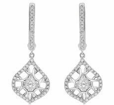 ESTATE .33CT DIAMOND 14KT WHITE GOLD 3D FLOWER TEAR DROP HANGING EARRINGS