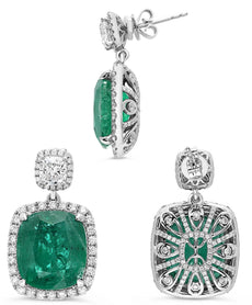 LARGE 14.64CT DIAMOND & AAA EMERALD PLATINUM CUSHION & ROUND FILIGREE EARRINGS